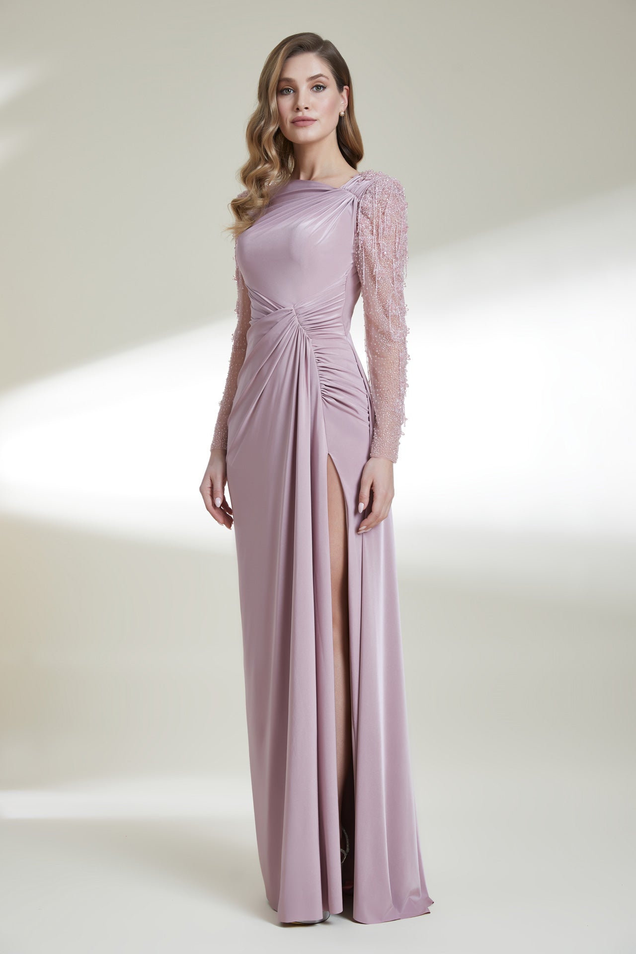 İşleme Transparan Kol Sırt Dekolteli Yırtmaçlı Uzun Elbise 9002