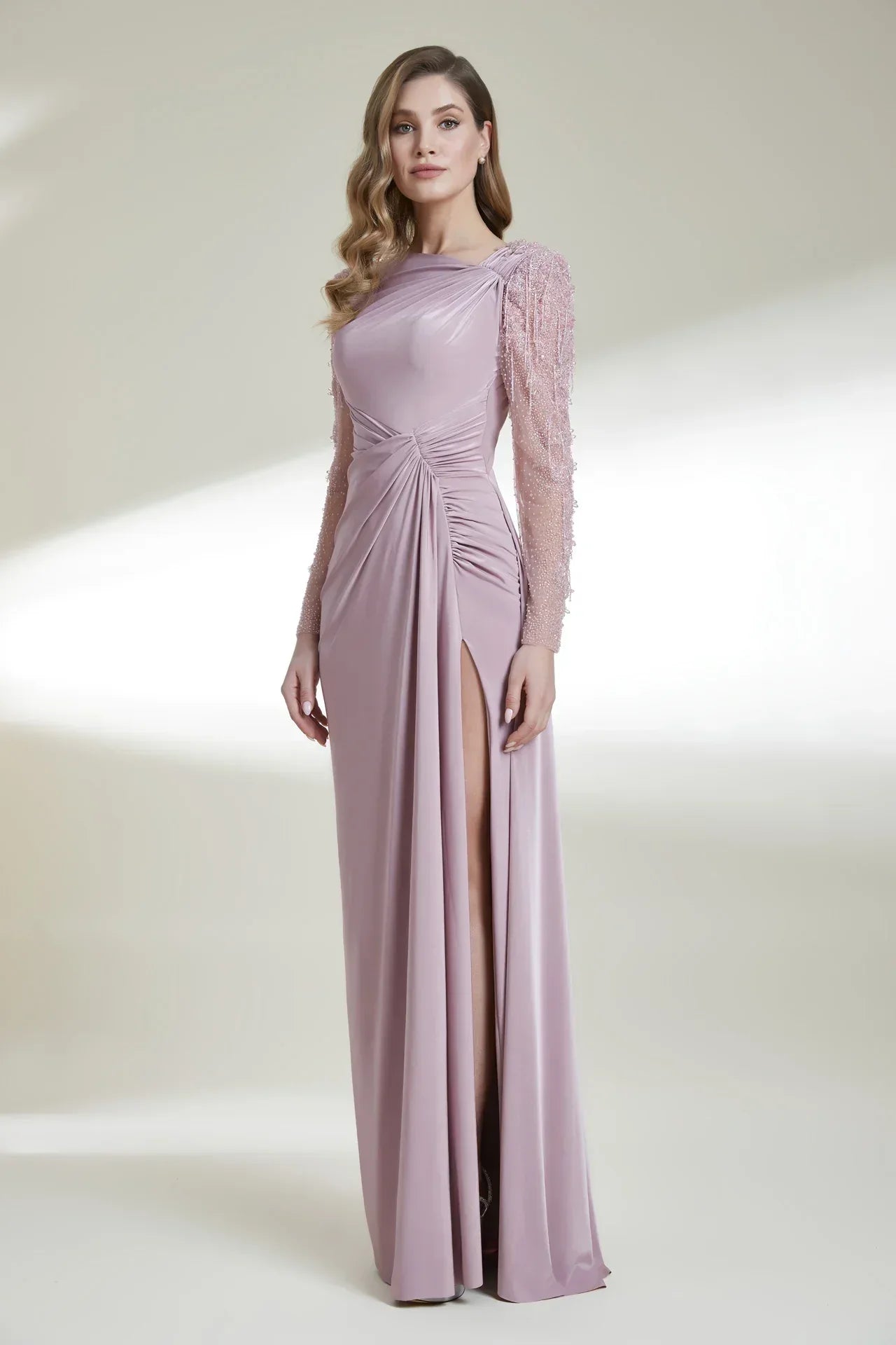 İşleme Transparan Kol Sırt Dekolteli Yırtmaçlı Uzun Elbise 9002 - Kenzel