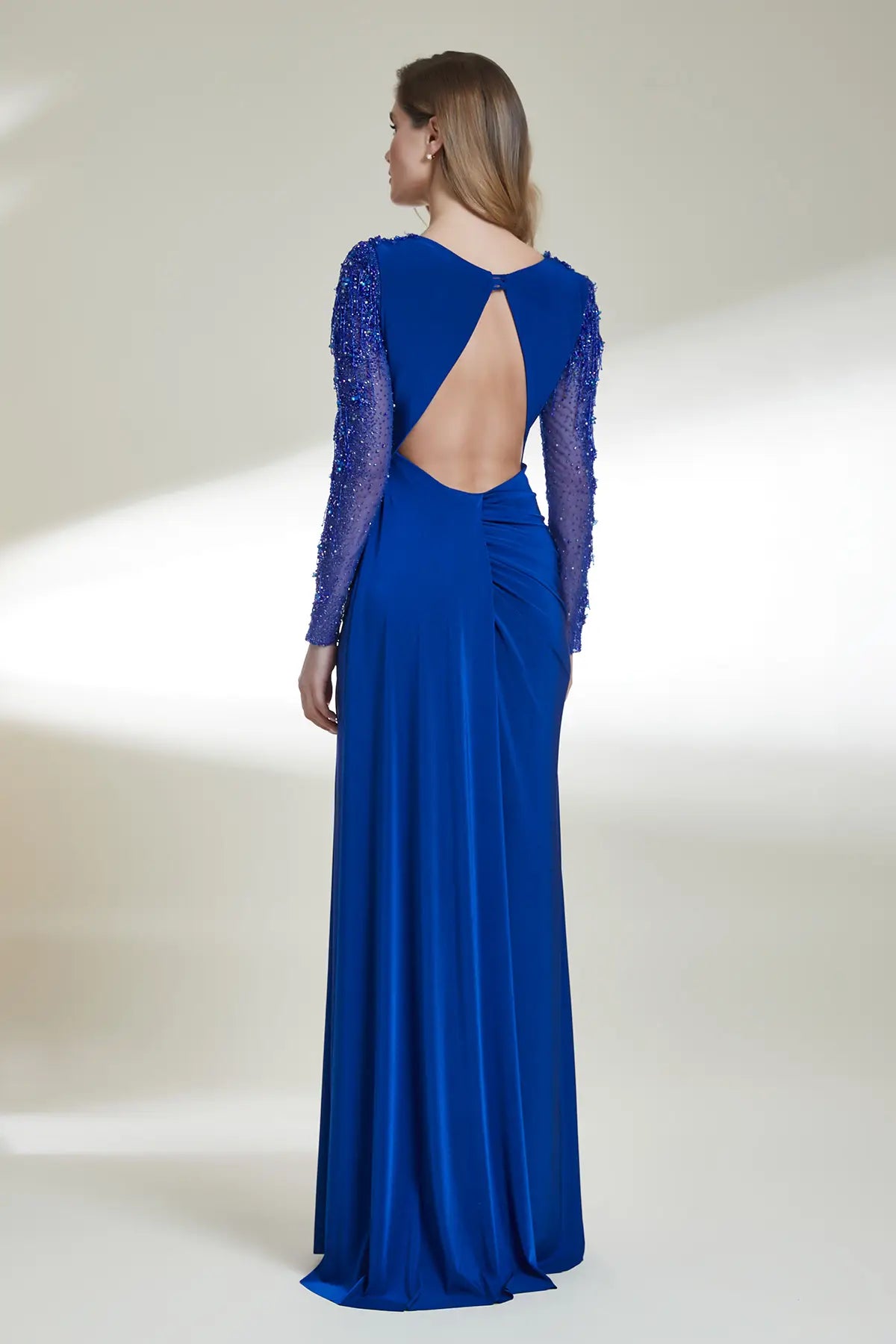 İşleme Transparan Kol Sırt Dekolteli Yırtmaçlı Uzun Elbise 9002