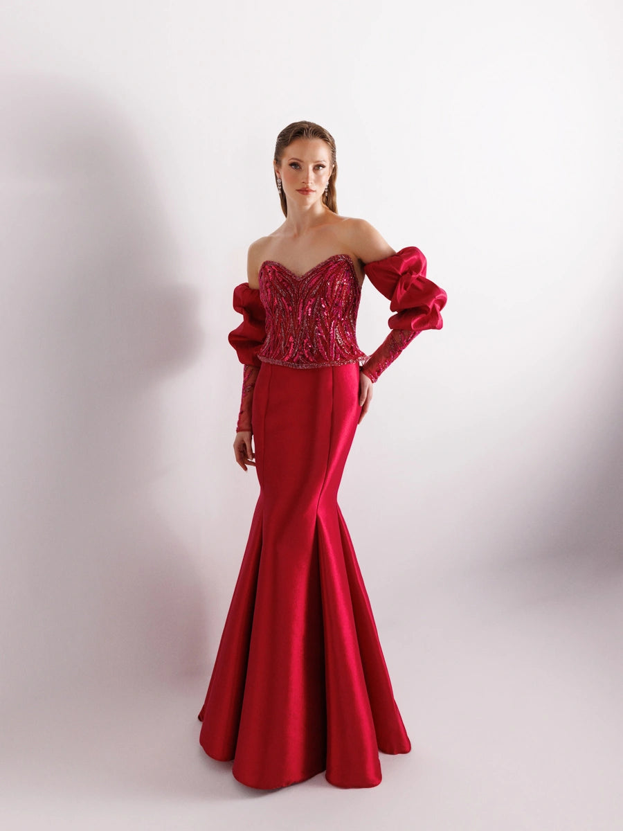 A25004-Üst Taş Detaylı Balon Kol Balık Abiye