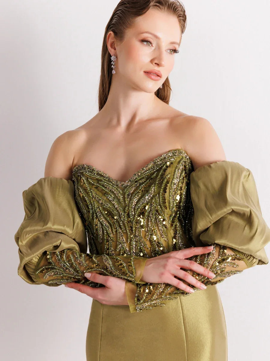 A25004-Üst Taş Detaylı Balon Kol Balık Abiye - Kenzel