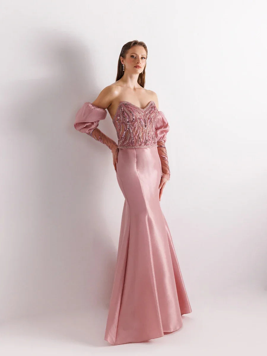 A25004-Üst Taş Detaylı Balon Kol Balık Abiye - Kenzel