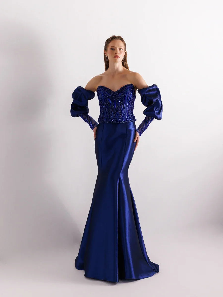 A25004-Üst Taş Detaylı Balon Kol Balık Abiye - Kenzel