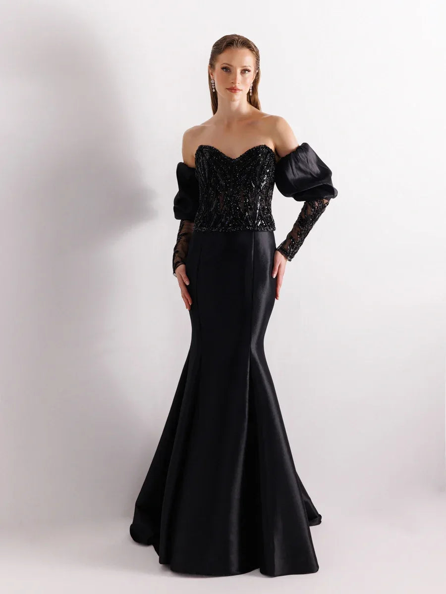 A25004-Üst Taş Detaylı Balon Kol Balık Abiye - Kenzel