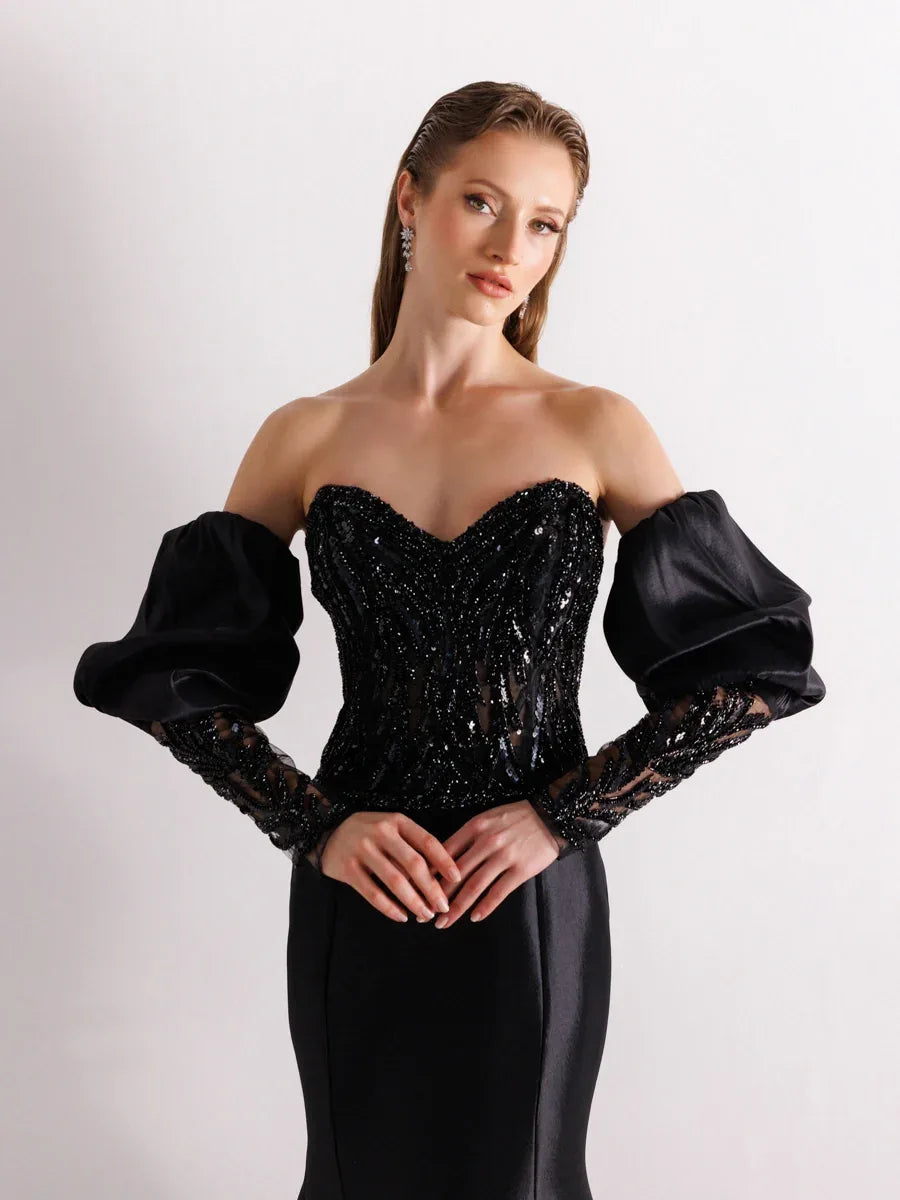 A25004-Üst Taş Detaylı Balon Kol Balık Abiye - Kenzel