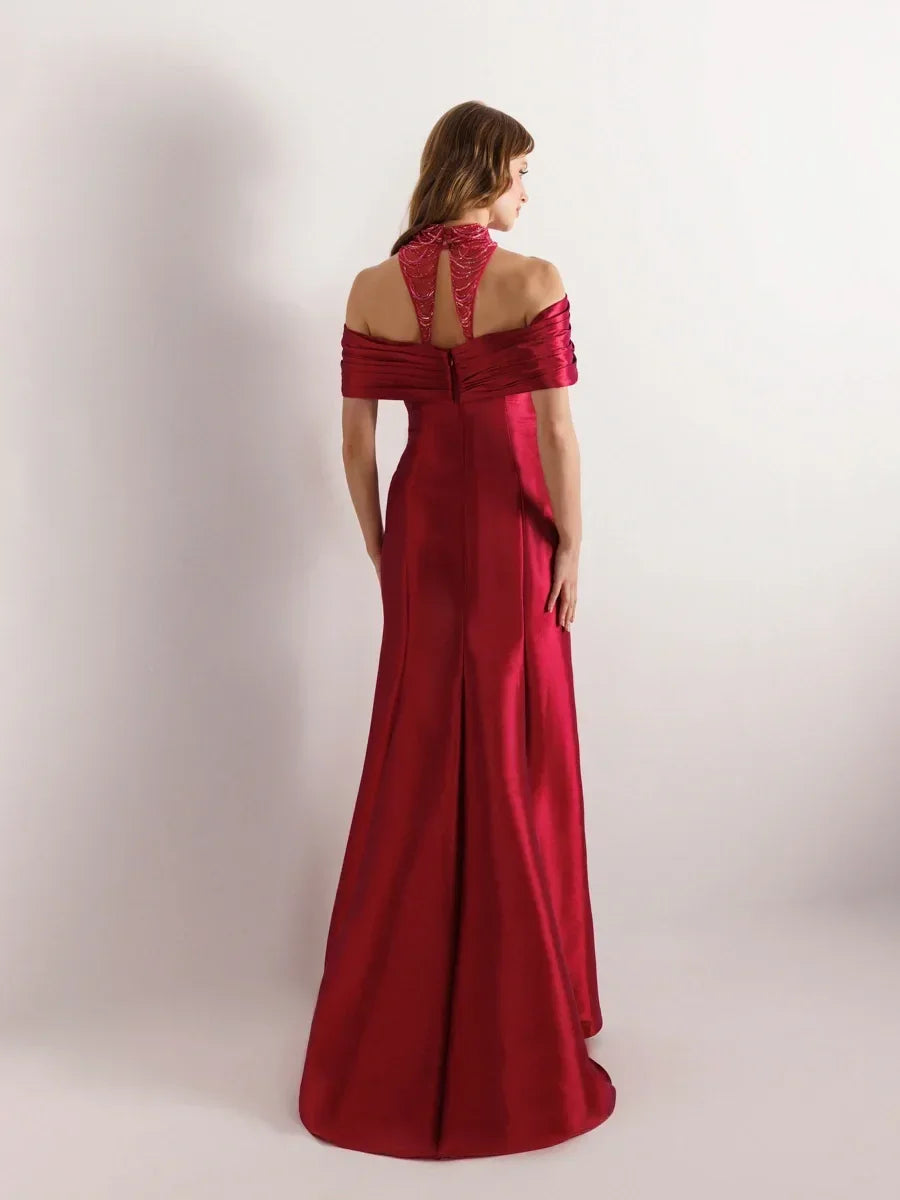 A25015-Hakim Yaka Straplez Görünümlü Drapeli Balık Abiye Elbise - Kenzel