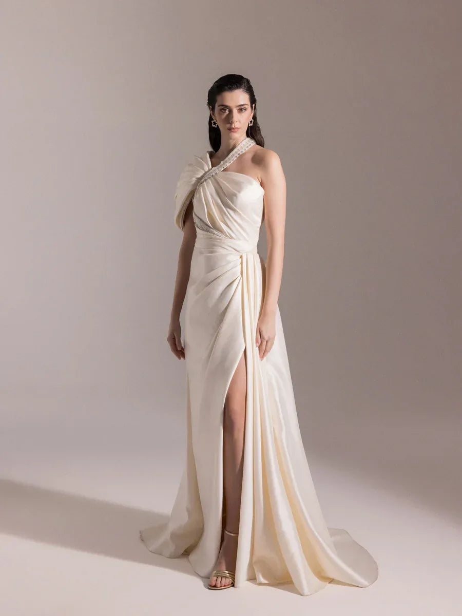 A25025-Asimetrik Kesim Şerit Taş Detaylı Drapeli Balık Abiye Elbise - Kenzel