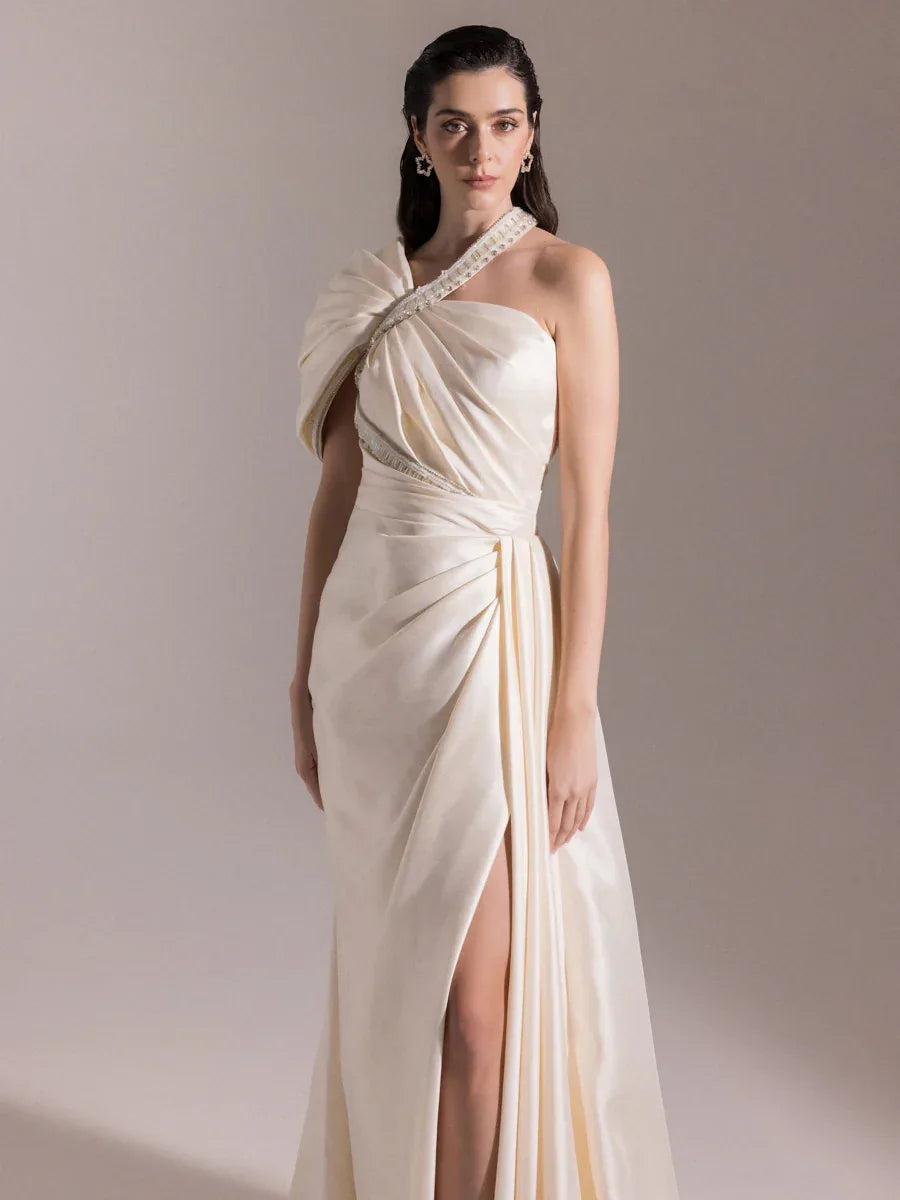 A25025-Asimetrik Kesim Şerit Taş Detaylı Drapeli Balık Abiye Elbise - Kenzel