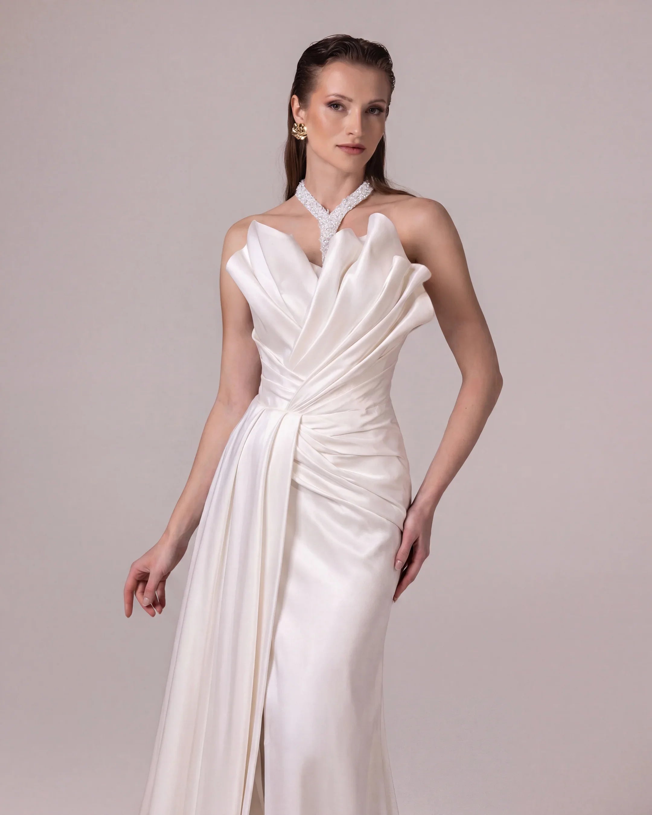 A25032-Stone Embellished Halter Neck Draped Evening Dress