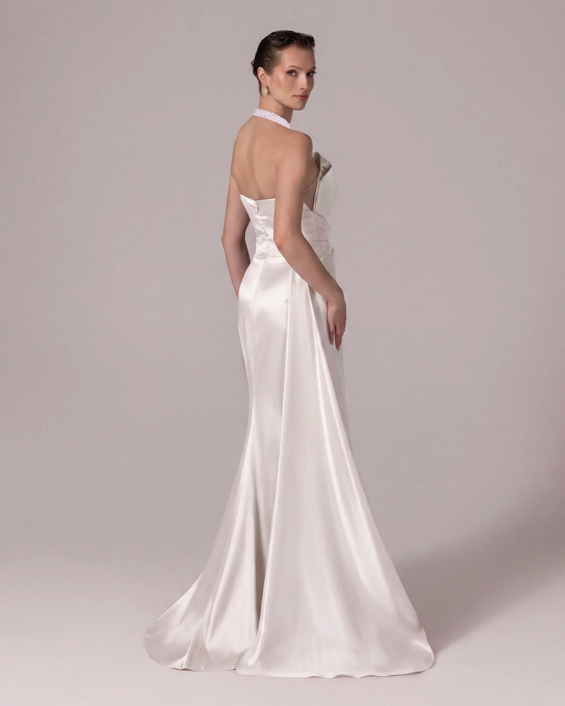 A25032-Stone Embellished Halter Neck Draped Evening Dress