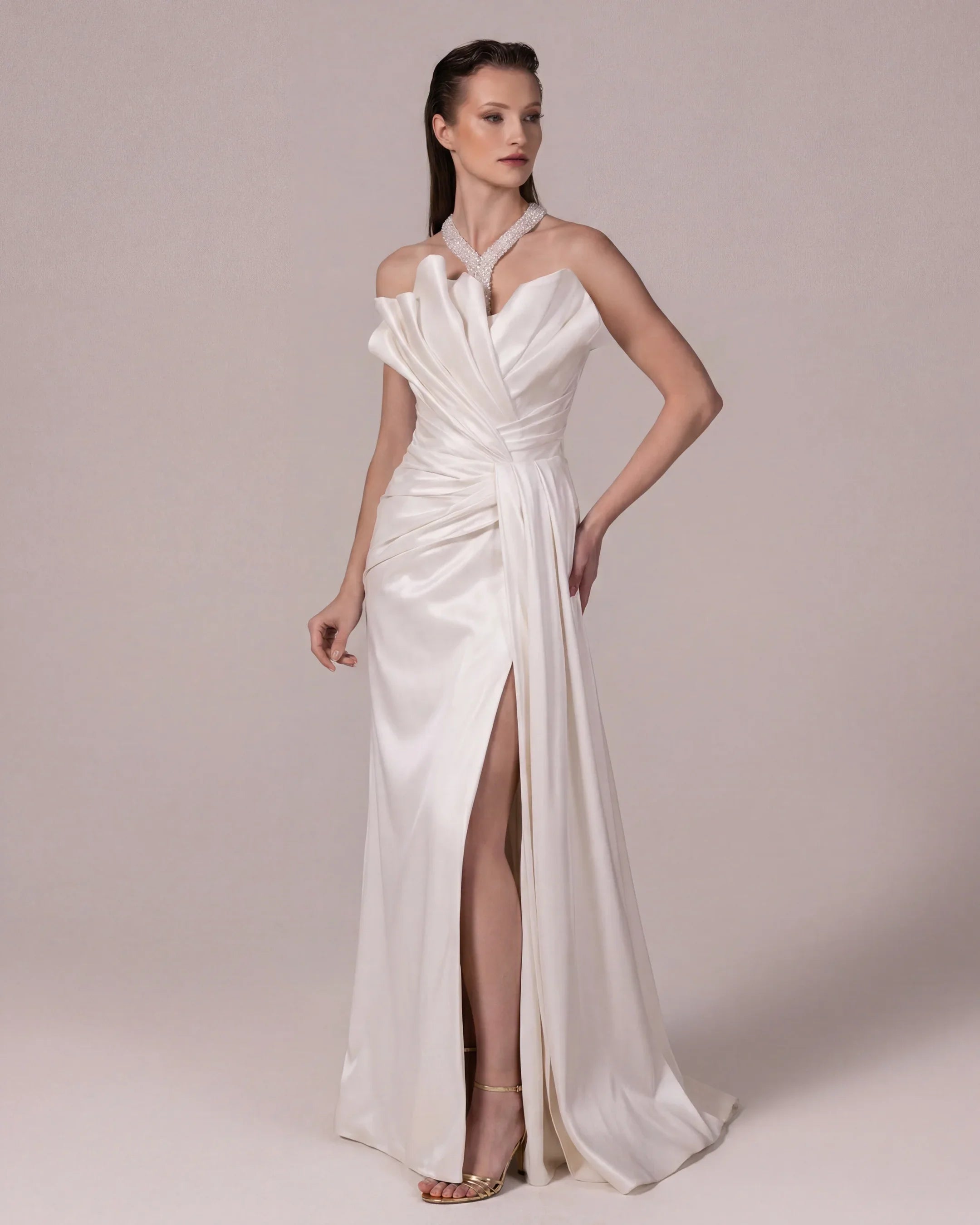 A25032-Stone Embellished Halter Neck Draped Evening Dress