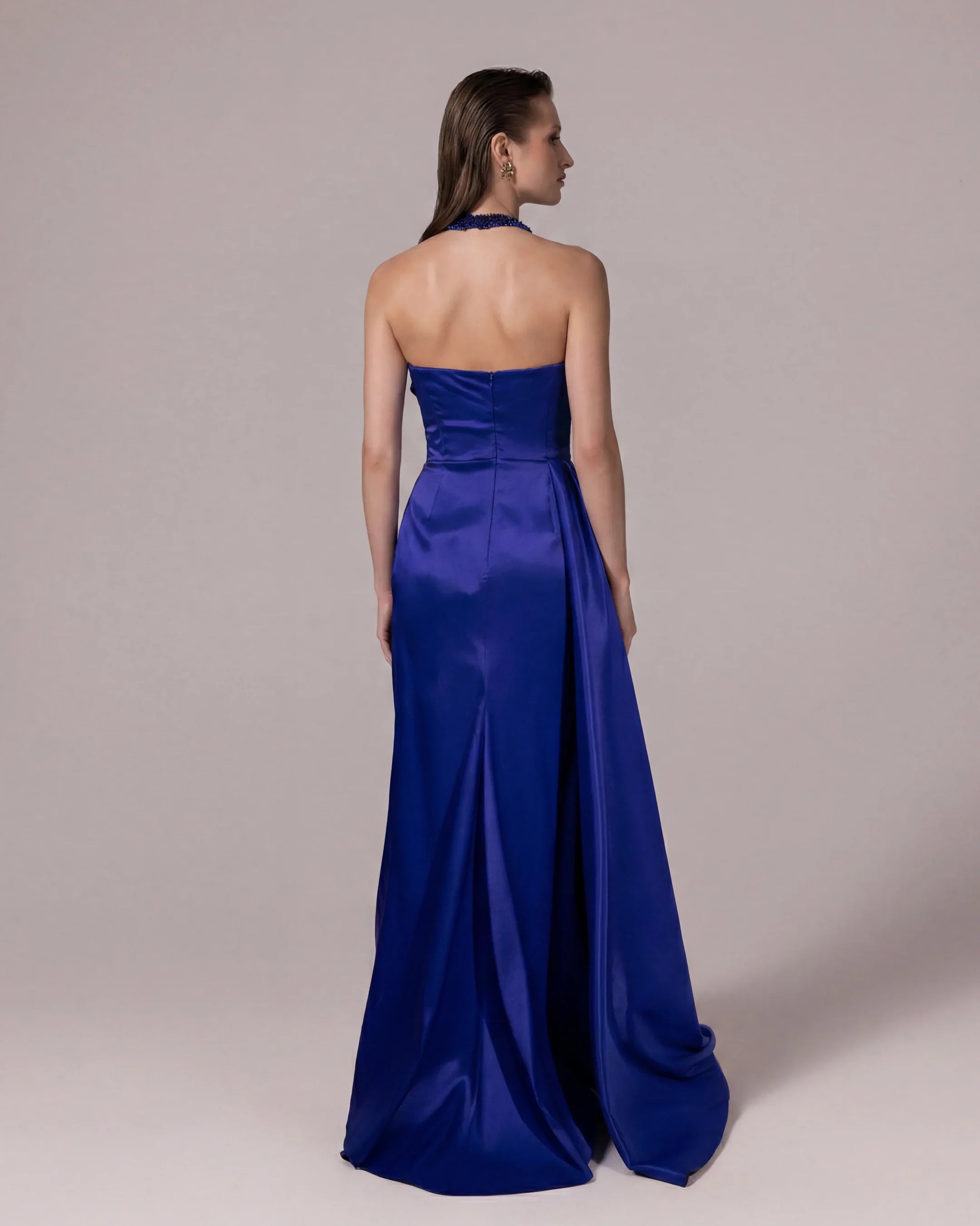 A25032-Stone Embellished Halter Neck Draped Evening Dress