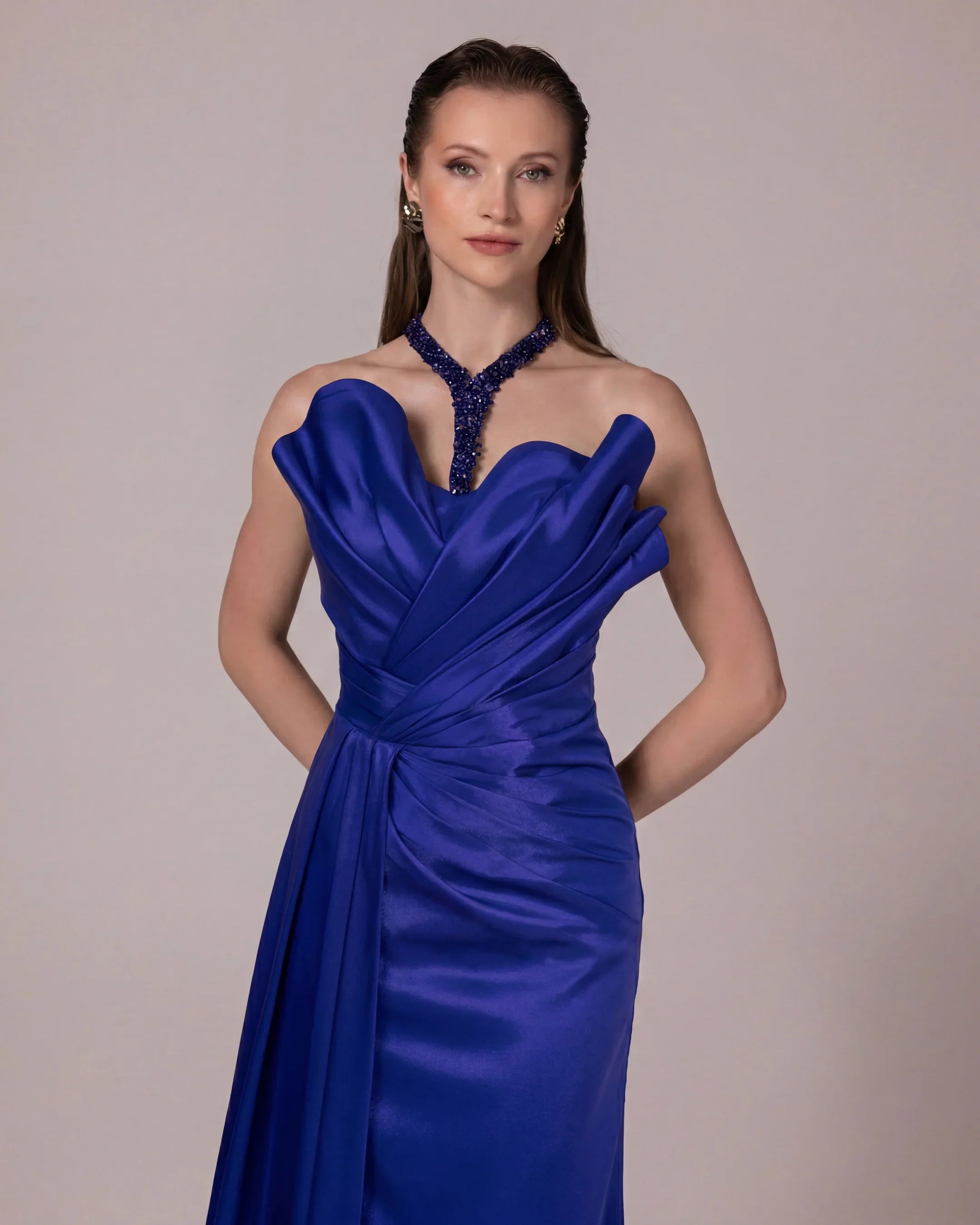 A25032-Stone Embellished Halter Neck Draped Evening Dress