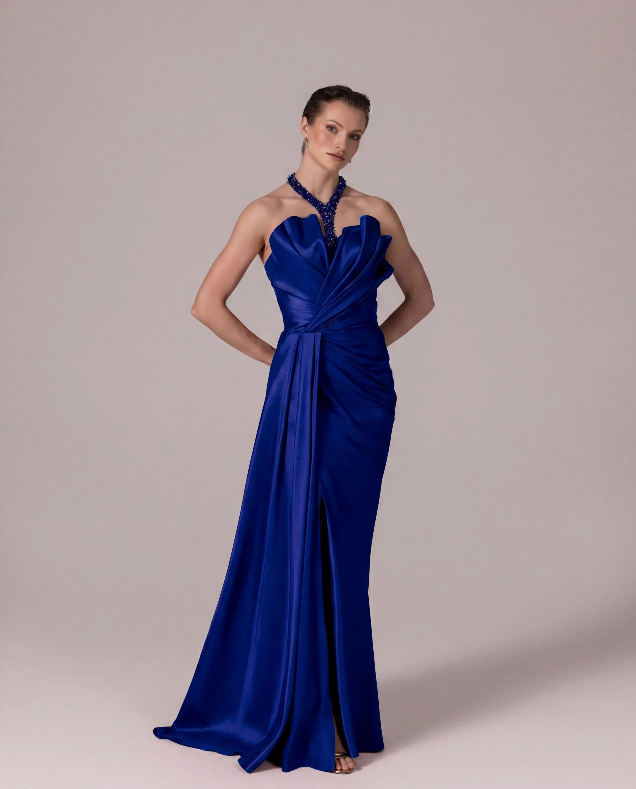 A25032-Stone Embellished Halter Neck Draped Evening Dress