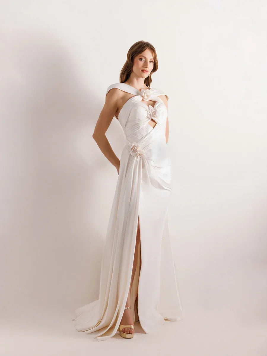 A25033-Çiçek Detaylı Yanı Kuyruklu Balık Abiye Elbise - Kenzel