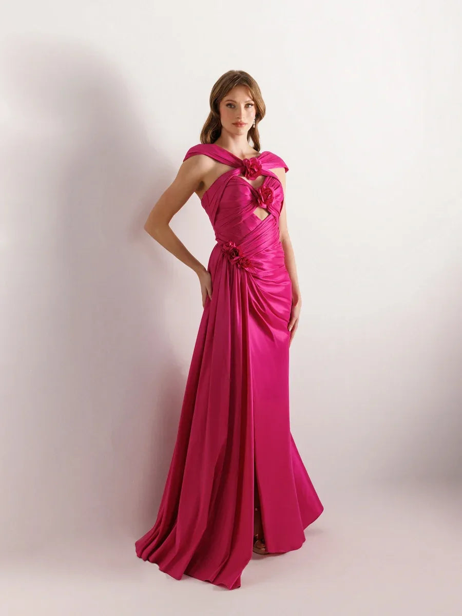 A25033-Çiçek Detaylı Yanı Kuyruklu Balık Abiye Elbise - Kenzel