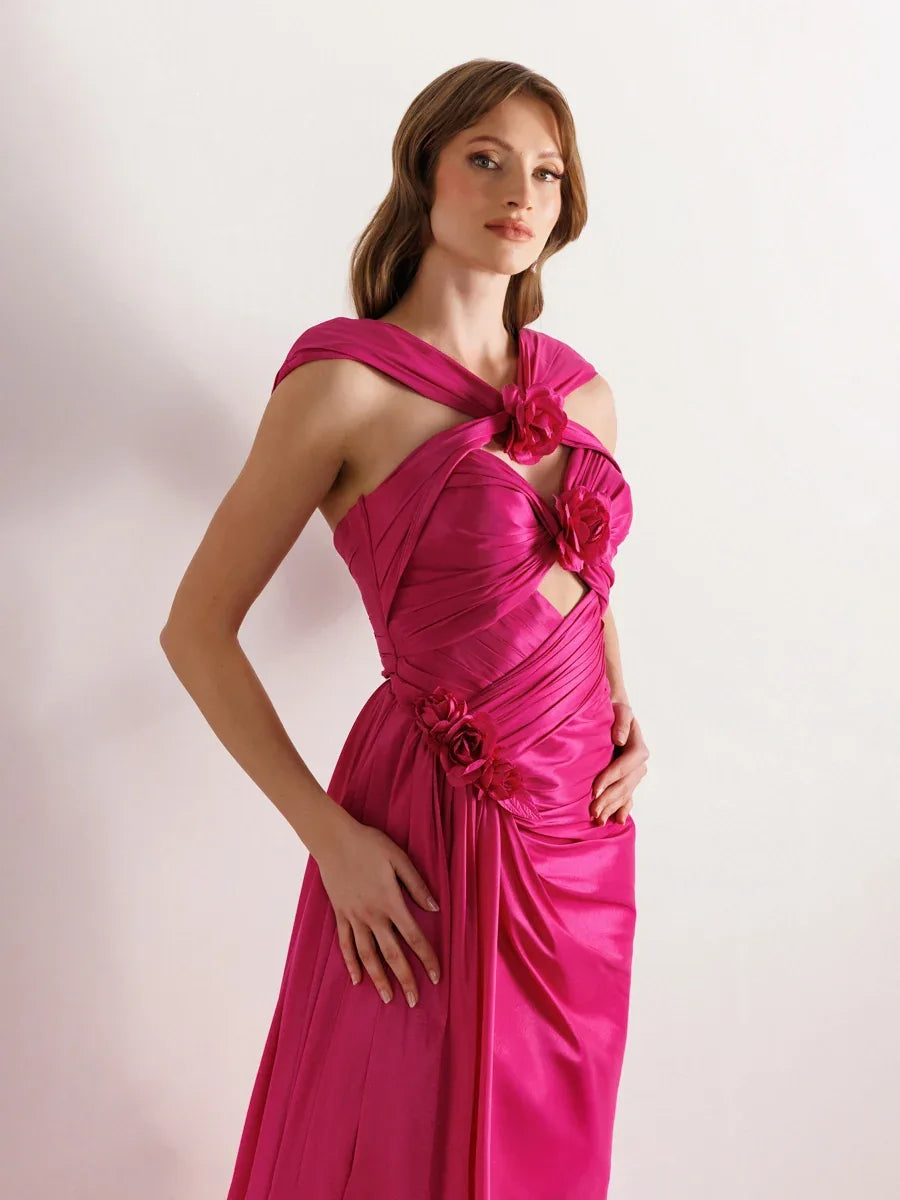 A25033-Çiçek Detaylı Yanı Kuyruklu Balık Abiye Elbise - Kenzel