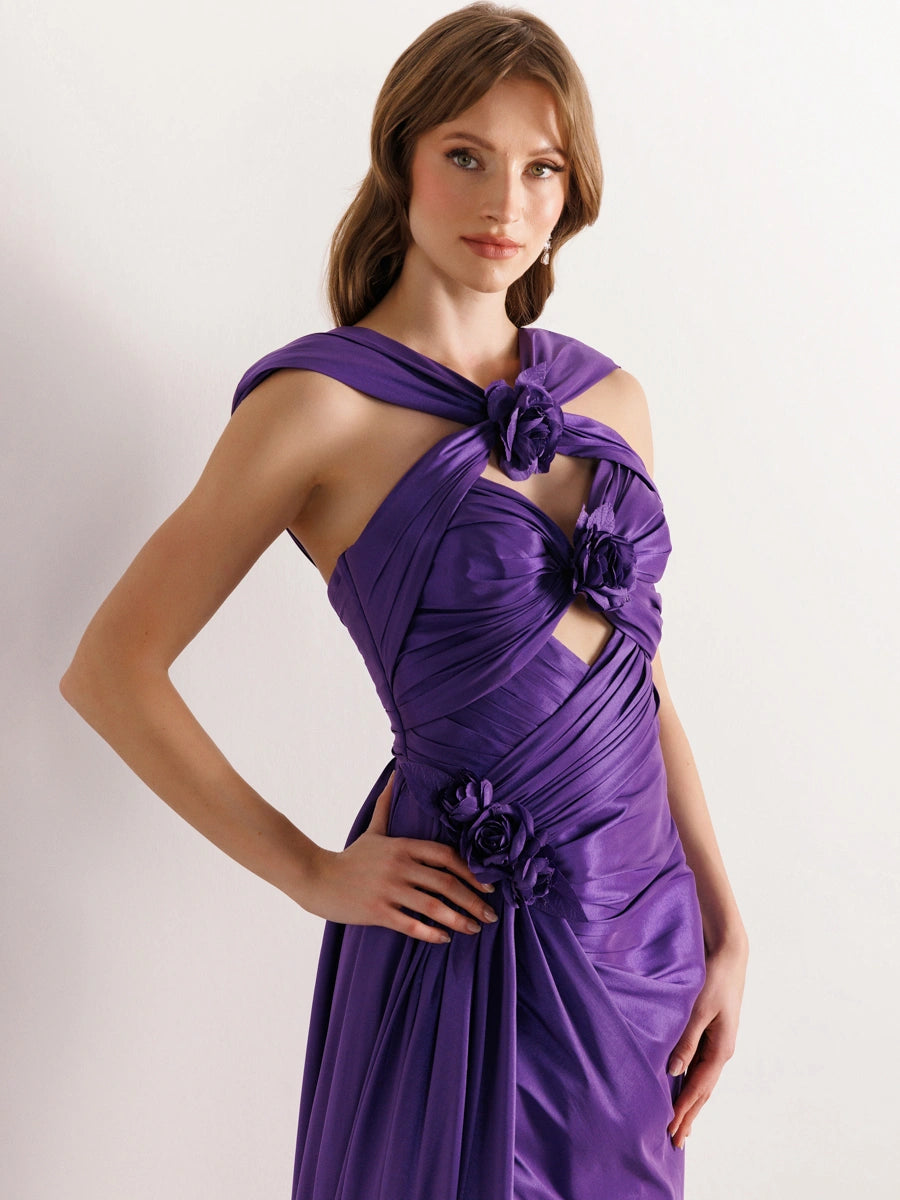 A25033-Çiçek Detaylı Yanı Kuyruklu Balık Abiye Elbise