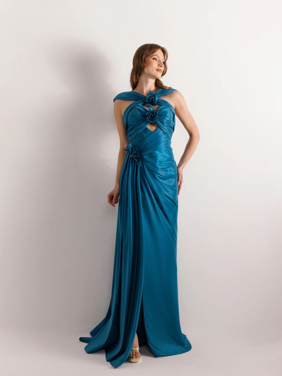 A25033-Çiçek Detaylı Yanı Kuyruklu Balık Abiye Elbise