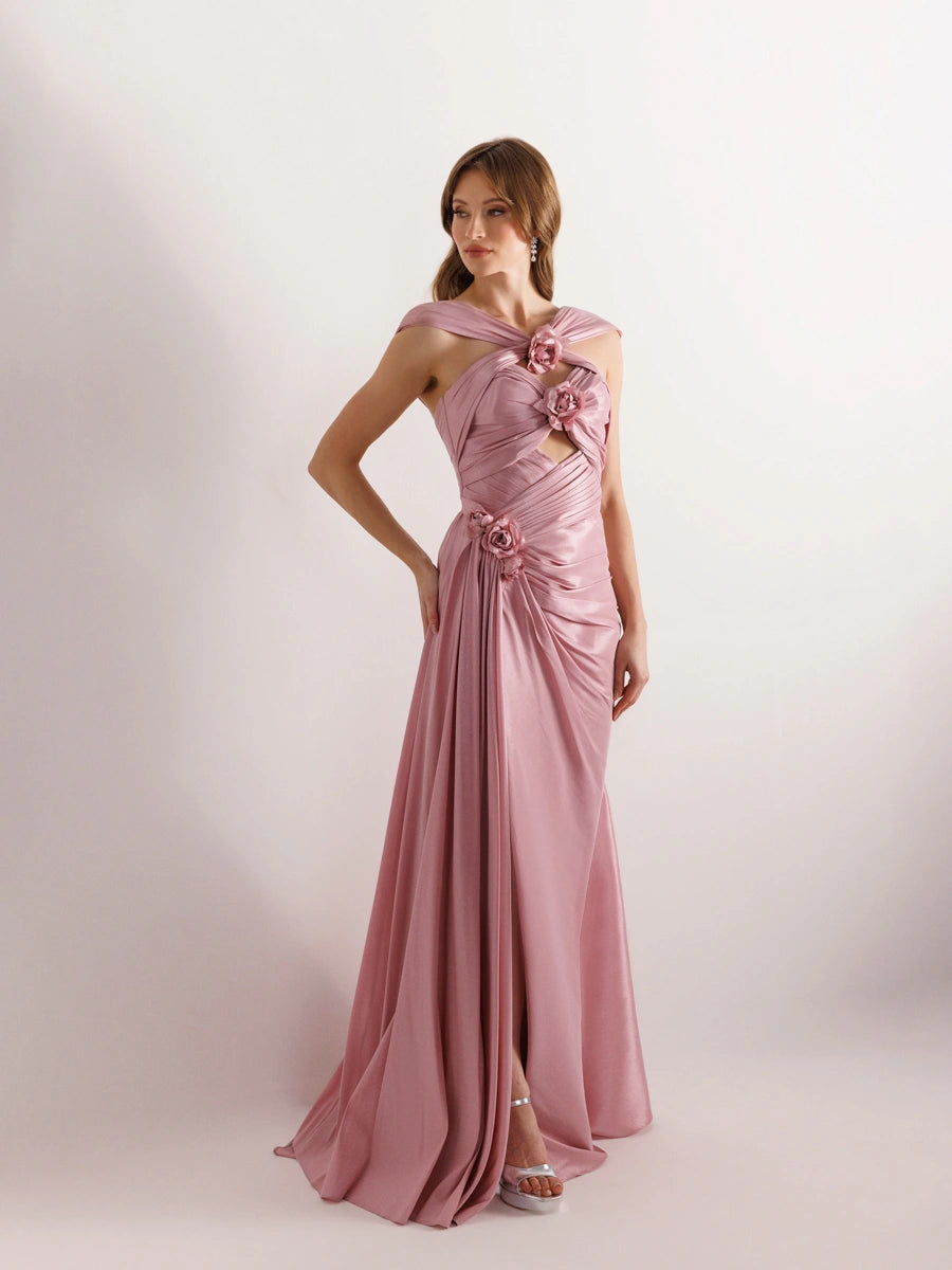 A25033-Çiçek Detaylı Yanı Kuyruklu Balık Abiye Elbise