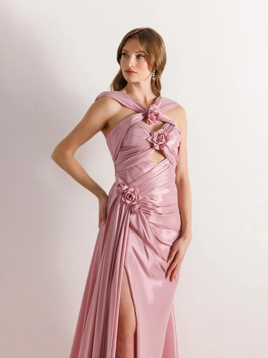 A25033-Çiçek Detaylı Yanı Kuyruklu Balık Abiye Elbise - Kenzel