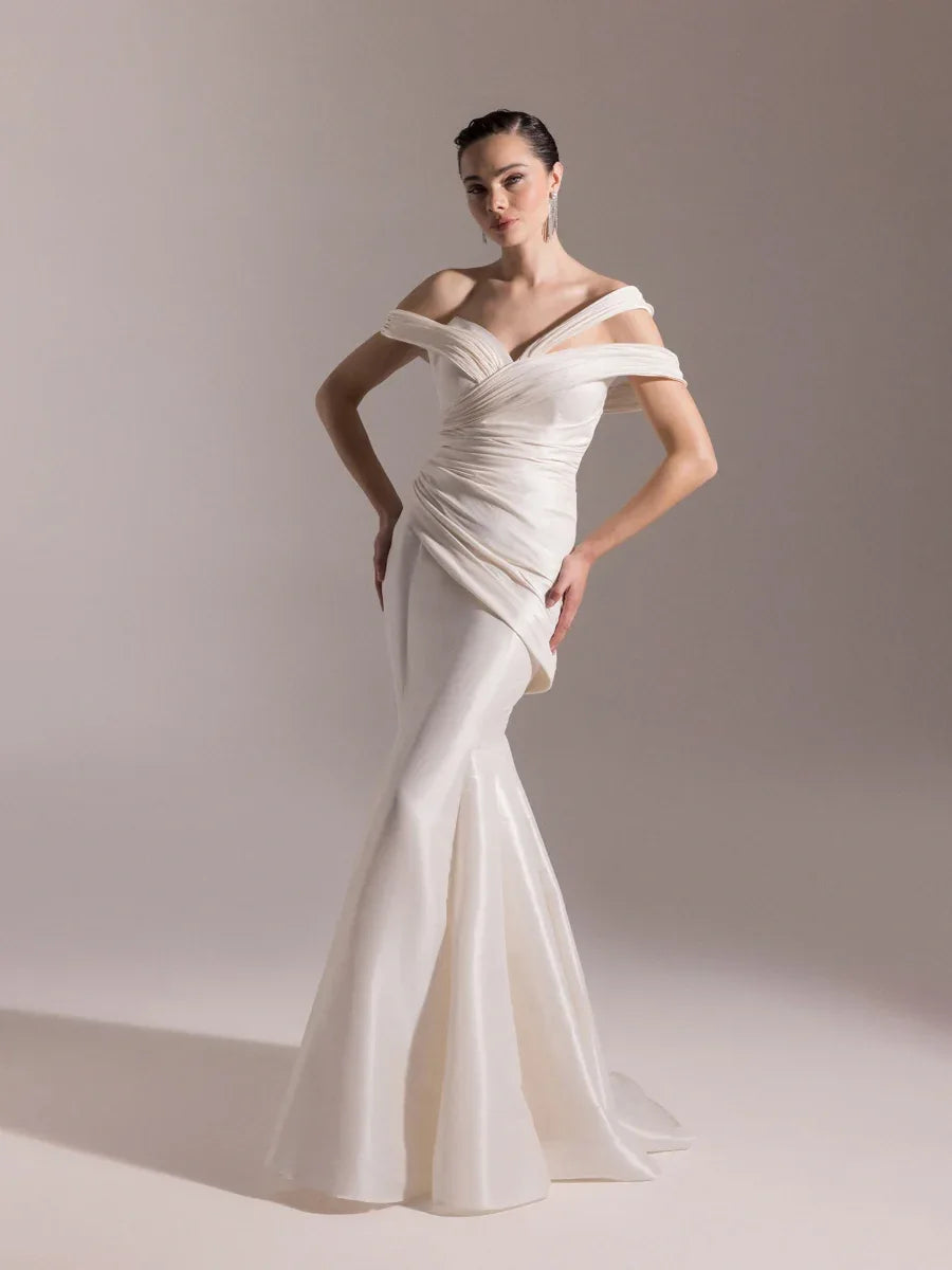 A25034-Kolları Şal Görünümlü Piliseli Balık Elbise - Kenzel