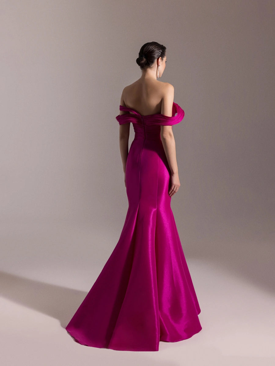 A25034-Kolları Şal Görünümlü Piliseli Balık Elbise