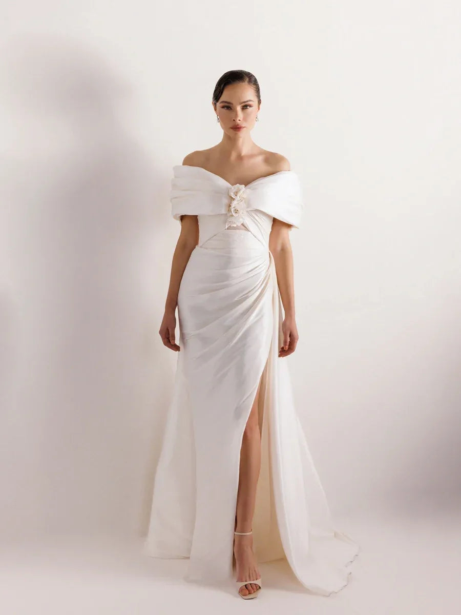 A25035-Straplez Şal Görünümlü Yırtmaçlı Balık Abiye Elbise - Kenzel