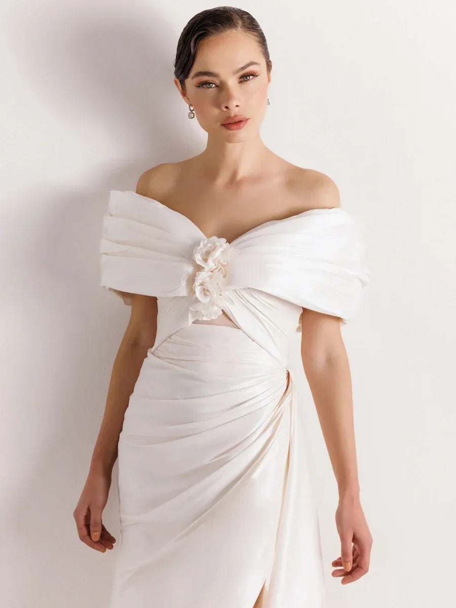 A25035-Straplez Şal Görünümlü Yırtmaçlı Balık Abiye Elbise - Kenzel