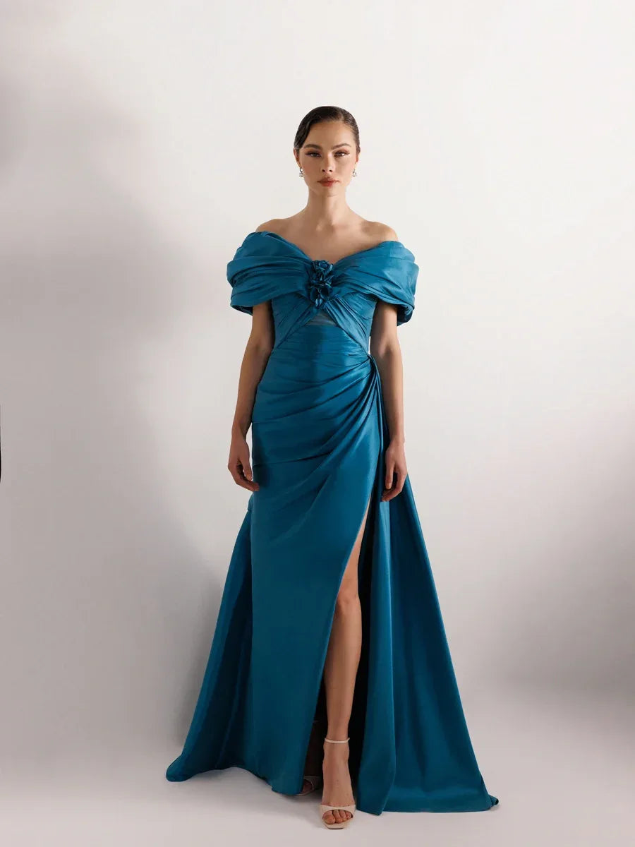 A25035-Straplez Şal Görünümlü Yırtmaçlı Balık Abiye Elbise - Kenzel