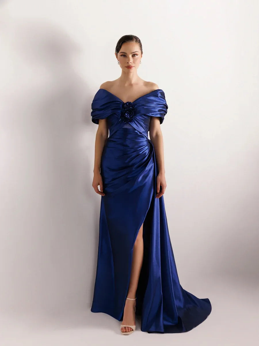 A25035-Straplez Şal Görünümlü Yırtmaçlı Balık Abiye Elbise - Kenzel