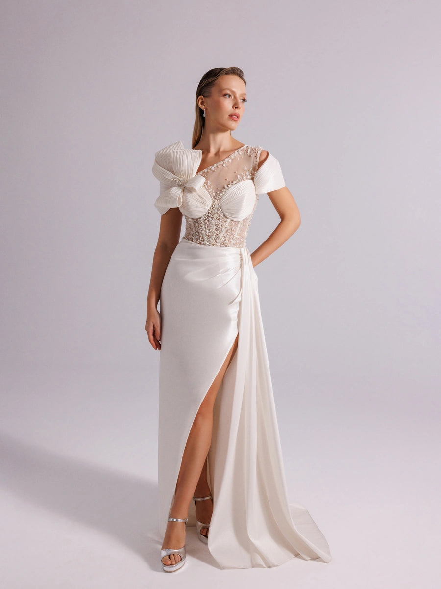 A25054-Üst Taş Detaylı Kuyruklu Balık Abiye Elbise