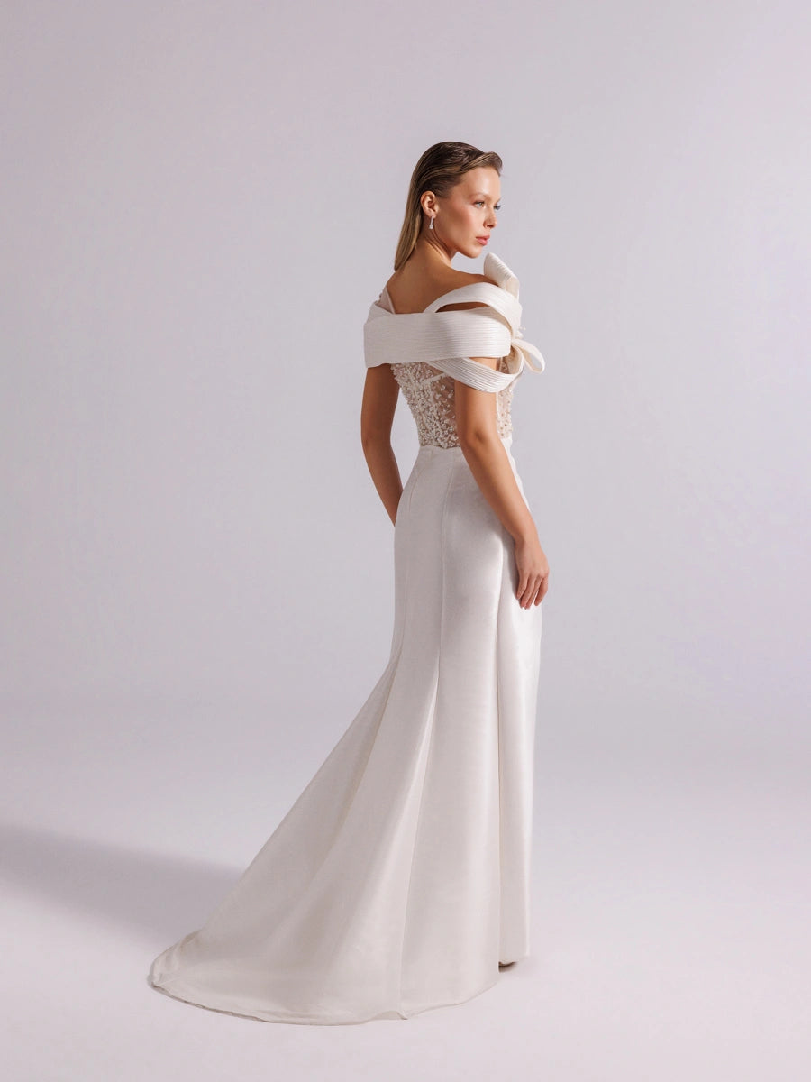 A25054-Üst Taş Detaylı Kuyruklu Balık Abiye Elbise