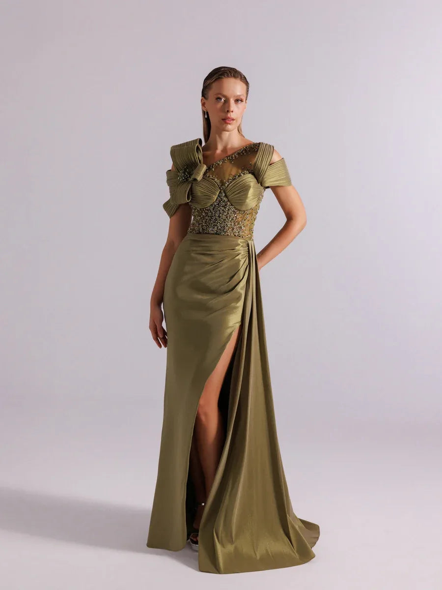 A25054-Üst Taş Detaylı Kuyruklu Balık Abiye Elbise - Kenzel