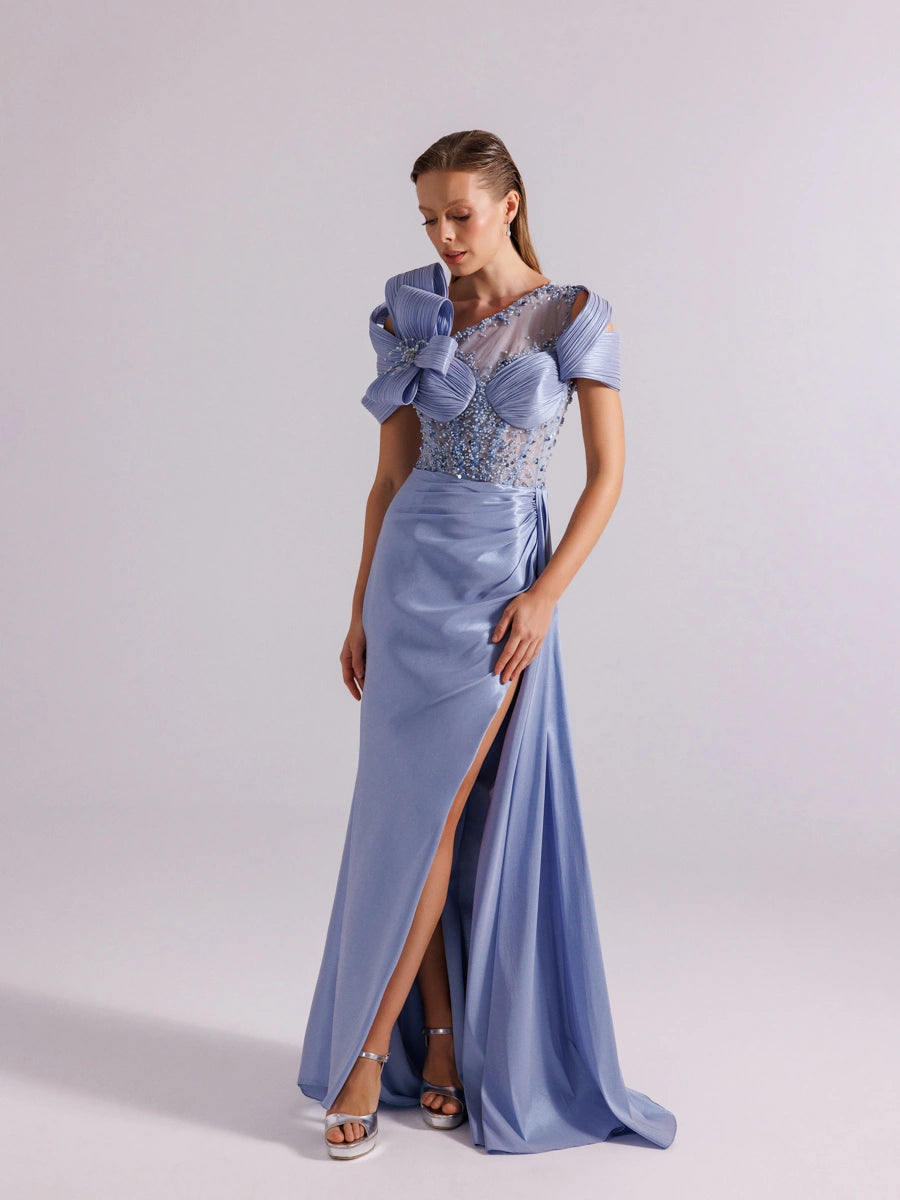 A25054-Üst Taş Detaylı Kuyruklu Balık Abiye Elbise