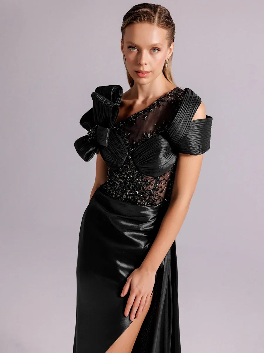 A25054-Üst Taş Detaylı Kuyruklu Balık Abiye Elbise - Kenzel