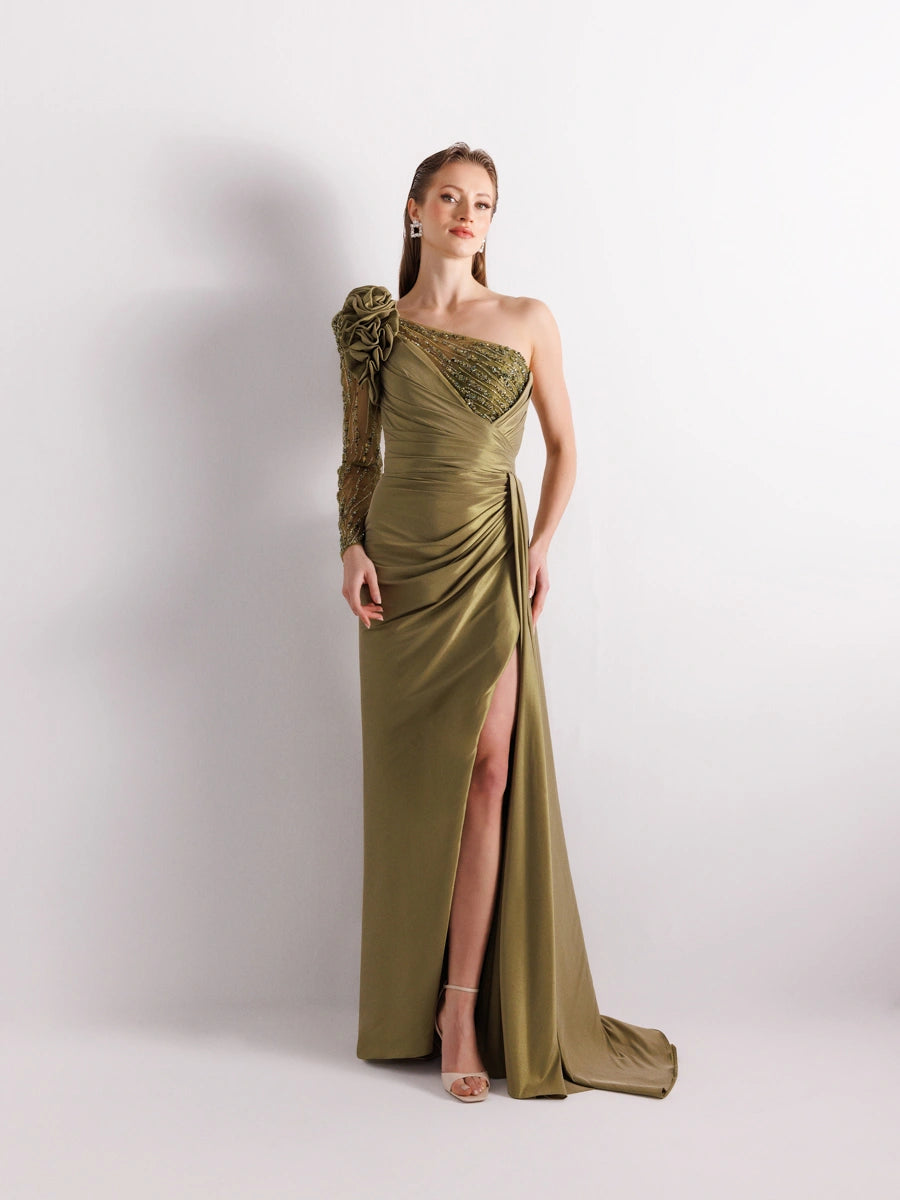 A25055-Tek Kollu Omuz Gül Detaylı Yıtmaçlı Balık Abiye Elbise