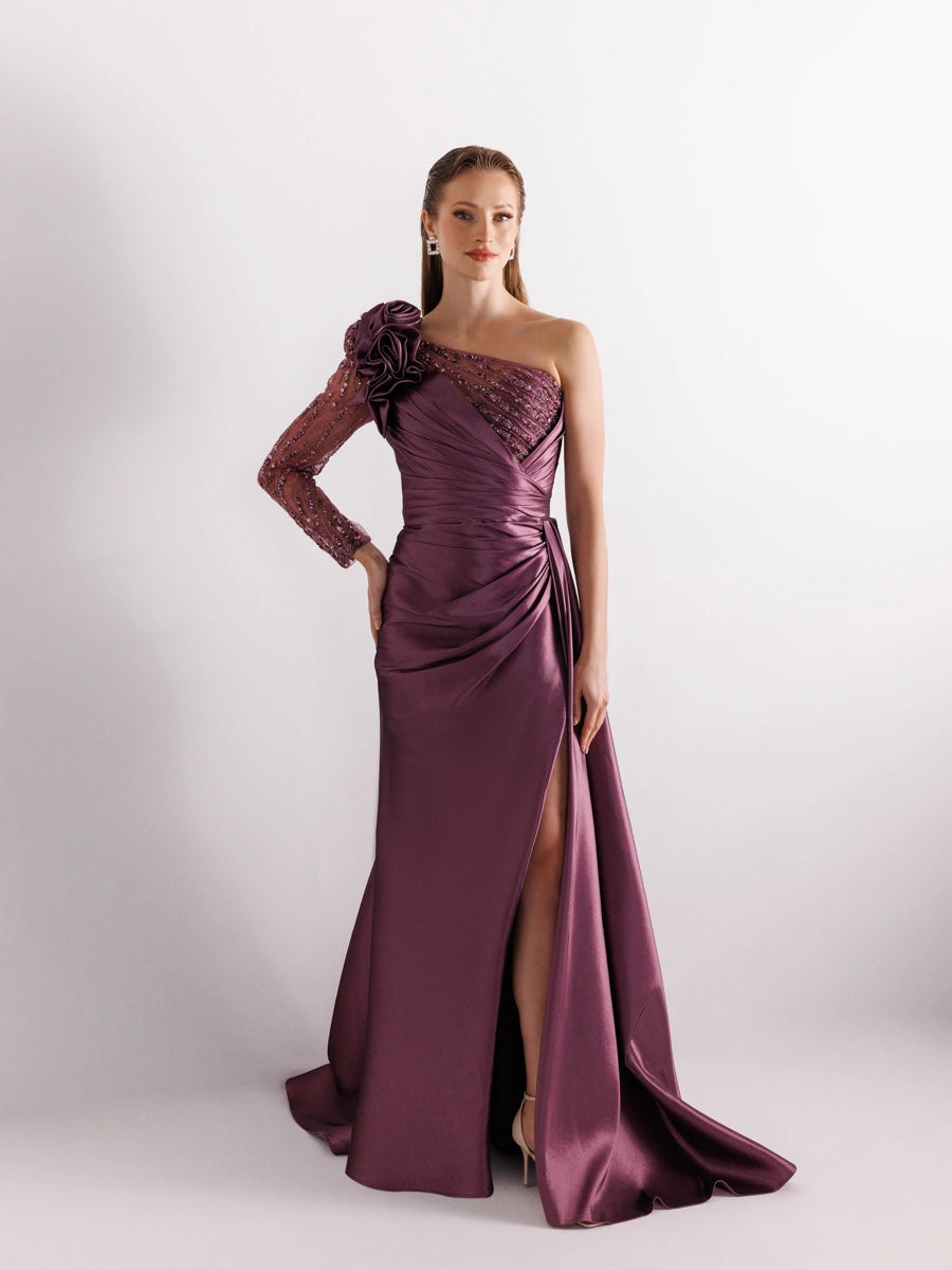 A25055-Tek Kollu Omuz Gül Detaylı Yıtmaçlı Balık Abiye Elbise