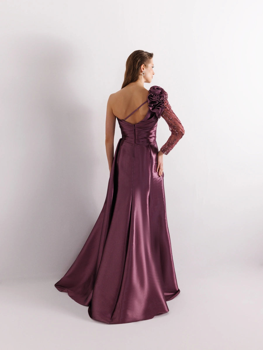 A25055-Tek Kollu Omuz Gül Detaylı Yıtmaçlı Balık Abiye Elbise