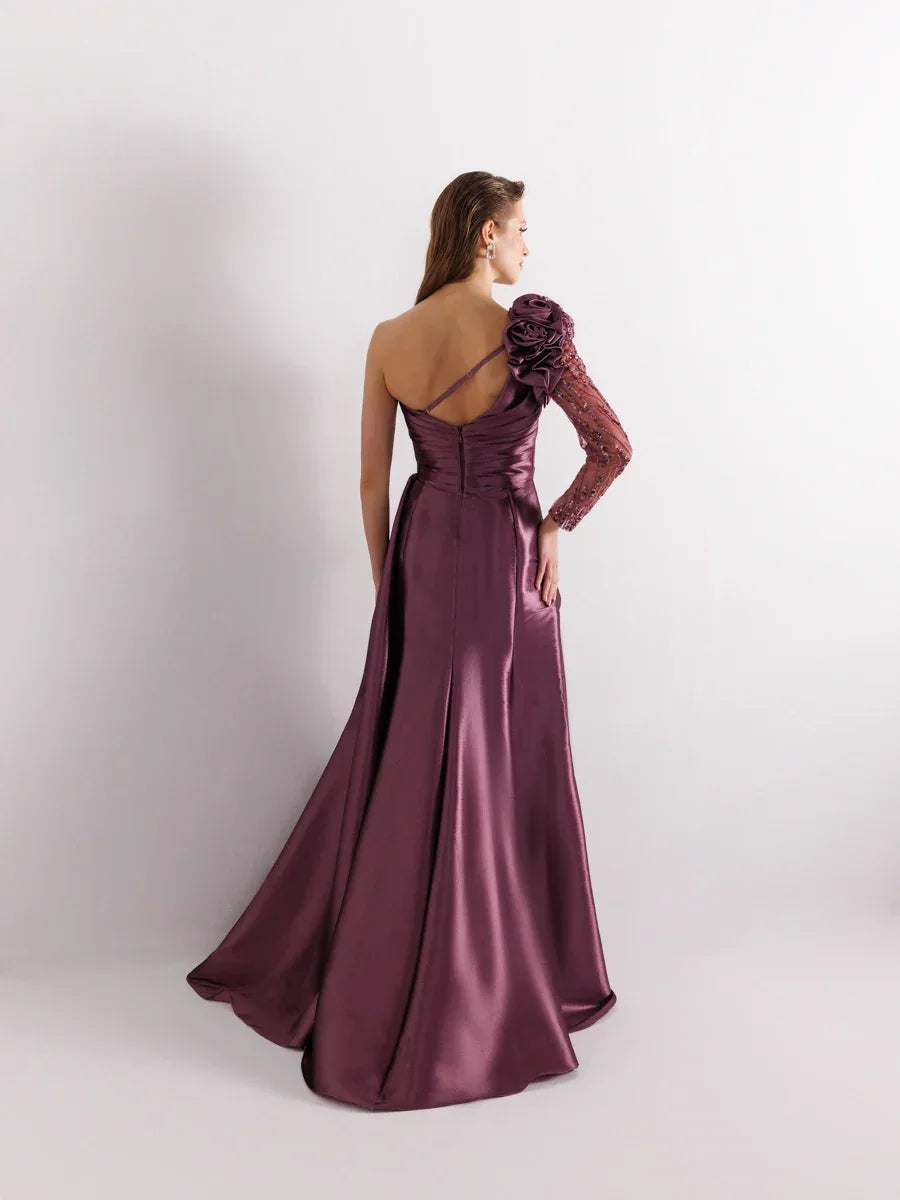 A25055-Tek Kollu Omuz Gül Detaylı Yıtmaçlı Balık Abiye Elbise - Kenzel