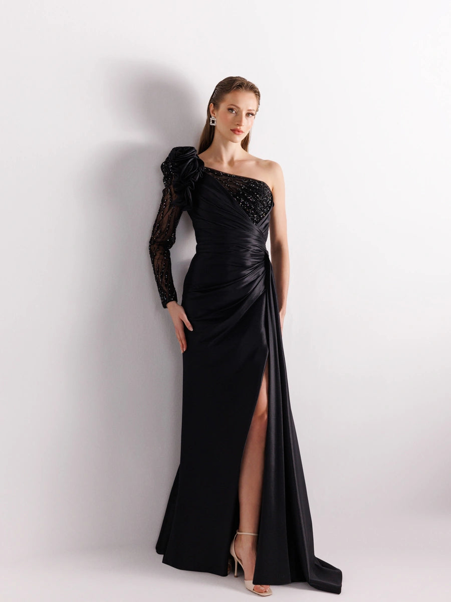 A25055-Tek Kollu Omuz Gül Detaylı Yıtmaçlı Balık Abiye Elbise