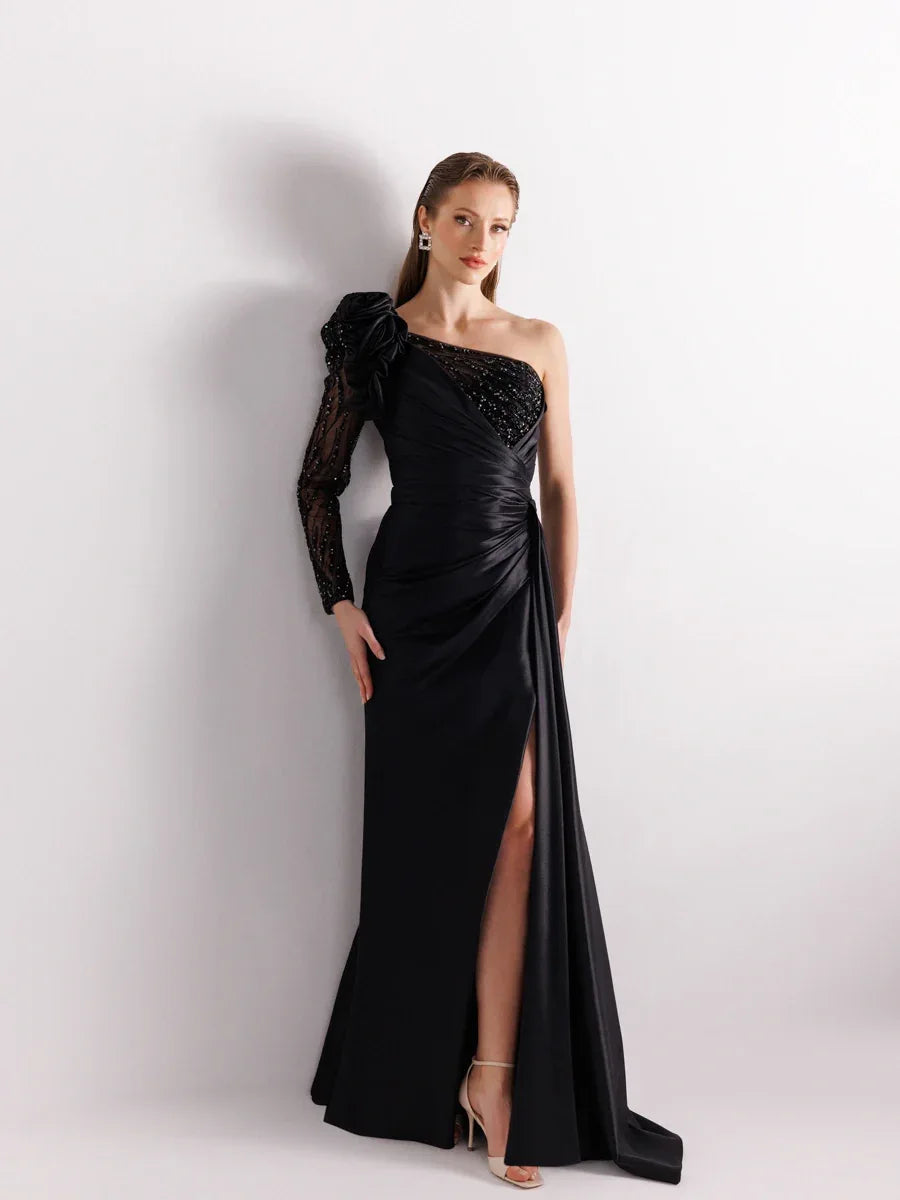 A25055-Tek Kollu Omuz Gül Detaylı Yıtmaçlı Balık Abiye Elbise - Kenzel