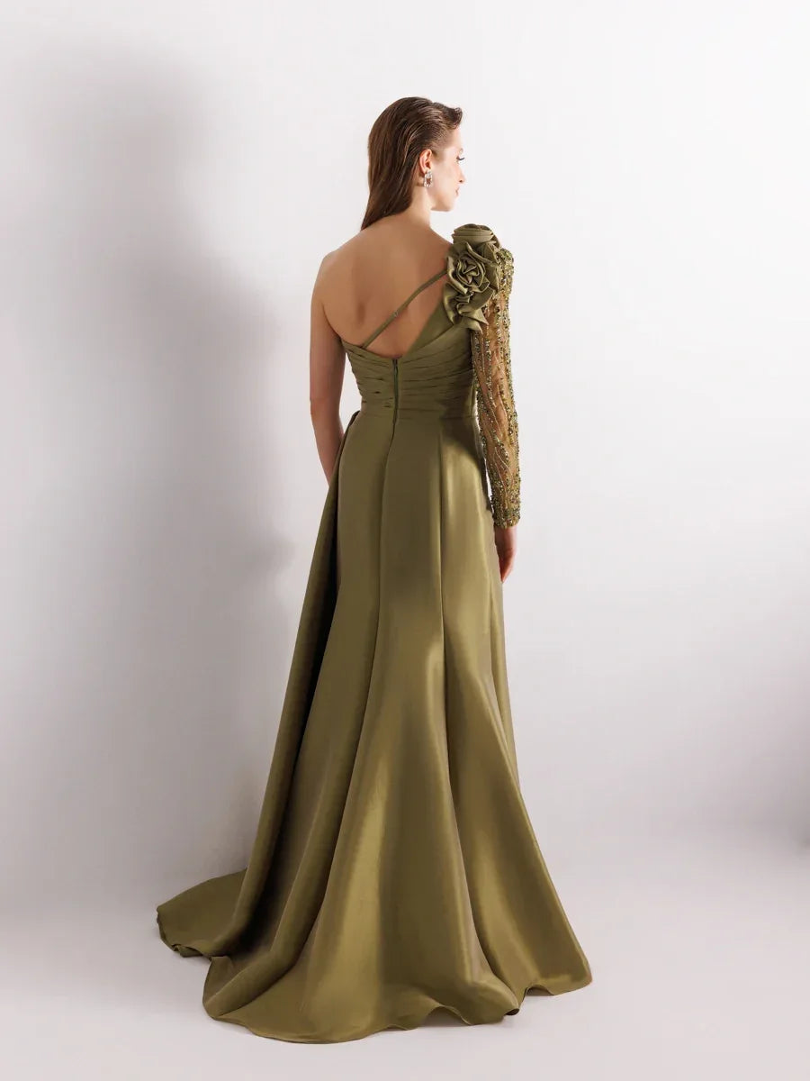 A25055-Tek Kollu Omuz Gül Detaylı Yıtmaçlı Balık Abiye Elbise - Kenzel