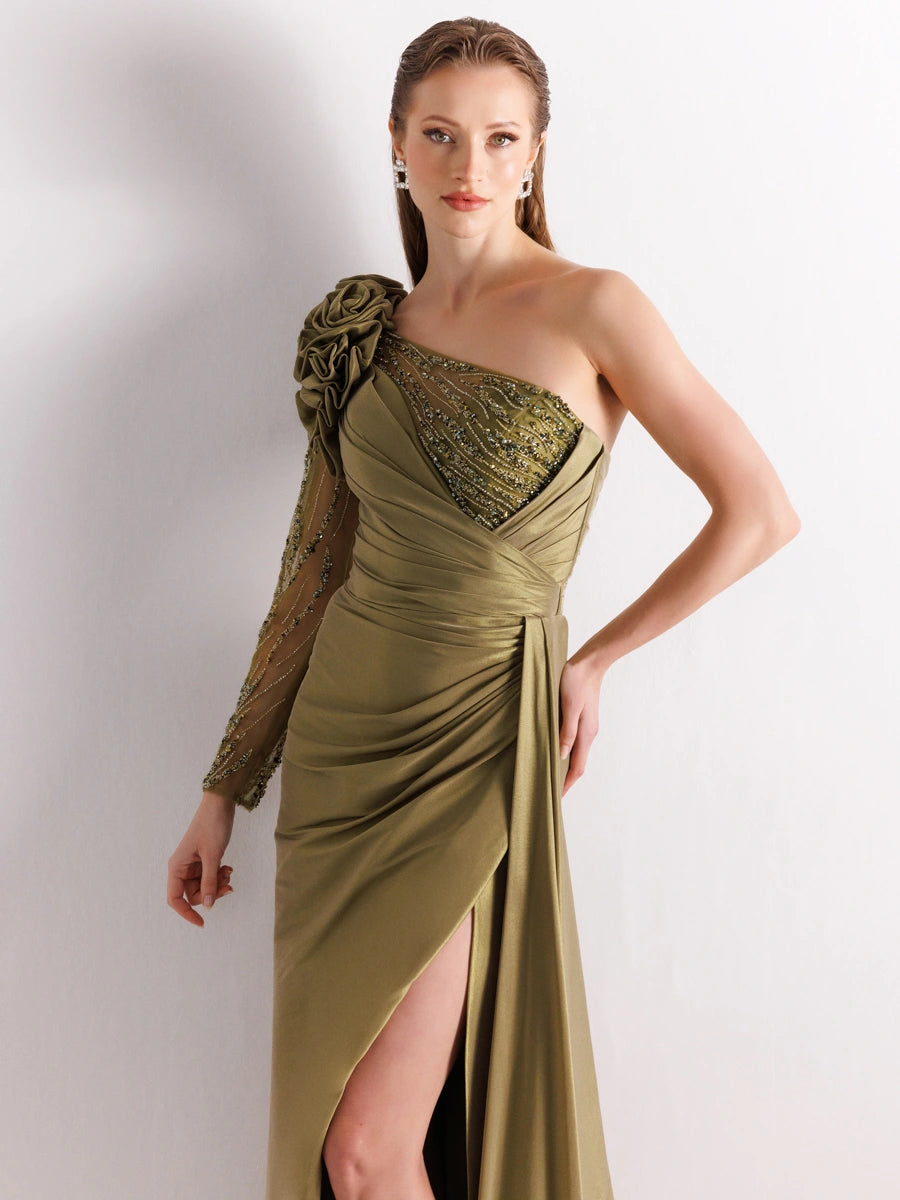 A25055-Tek Kollu Omuz Gül Detaylı Yıtmaçlı Balık Abiye Elbise