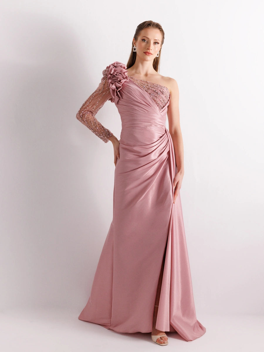 A25055-Tek Kollu Omuz Gül Detaylı Yıtmaçlı Balık Abiye Elbise