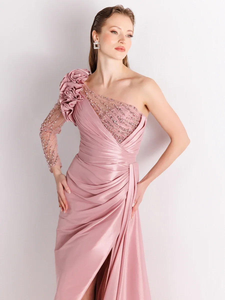 A25055-Tek Kollu Omuz Gül Detaylı Yıtmaçlı Balık Abiye Elbise - Kenzel