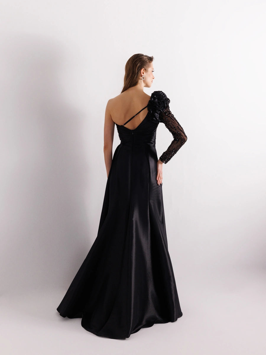 A25055-Tek Kollu Omuz Gül Detaylı Yıtmaçlı Balık Abiye Elbise