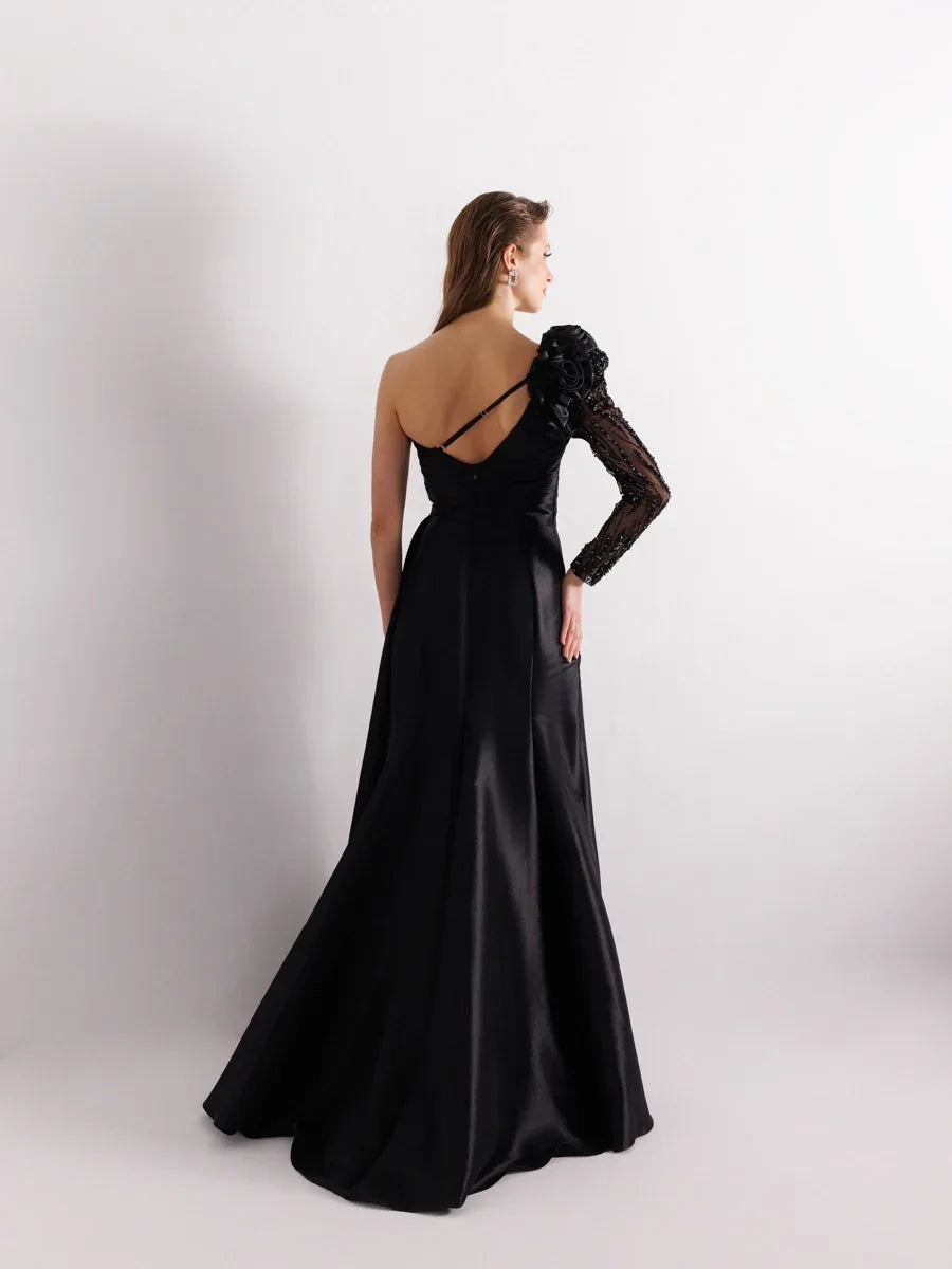 A25055-Tek Kollu Omuz Gül Detaylı Yıtmaçlı Balık Abiye Elbise - Kenzel