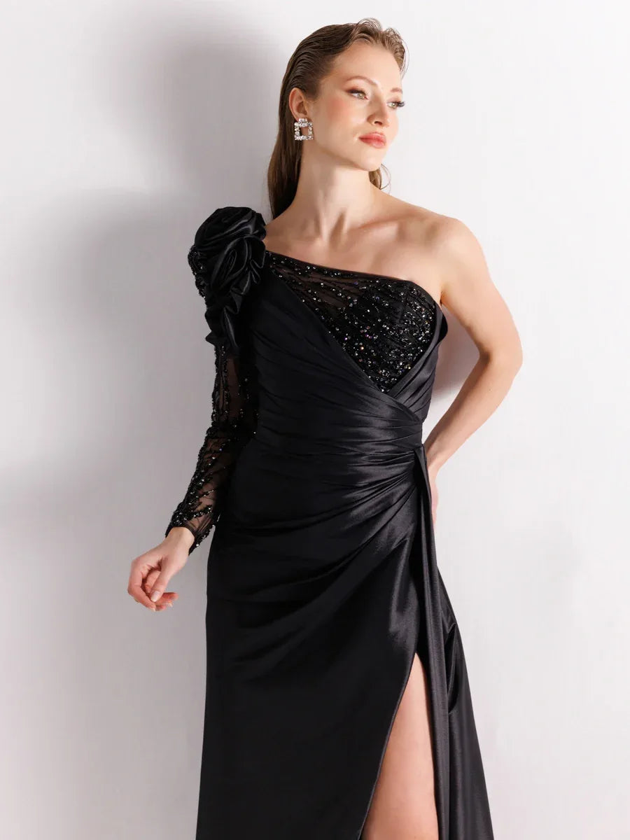 A25055-Tek Kollu Omuz Gül Detaylı Yıtmaçlı Balık Abiye Elbise - Kenzel