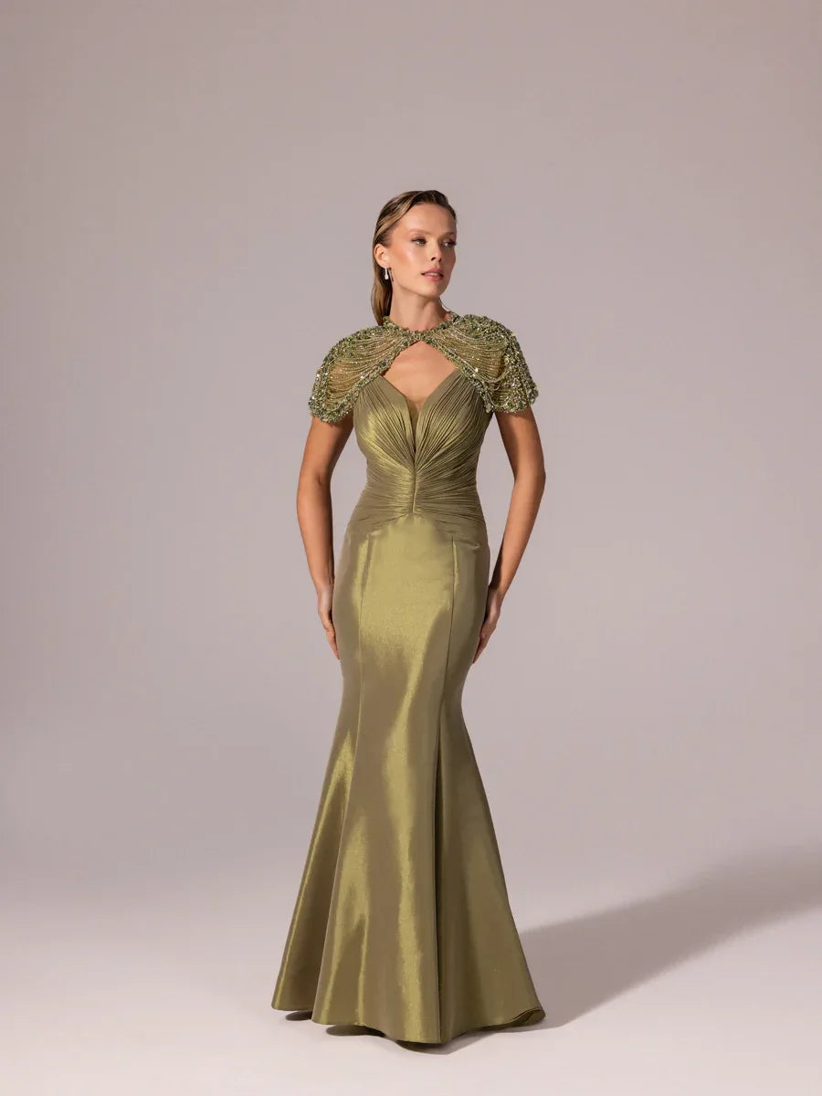 A25056-İşleme Omuz Detaylı Balık Abiye Elbise - Kenzel